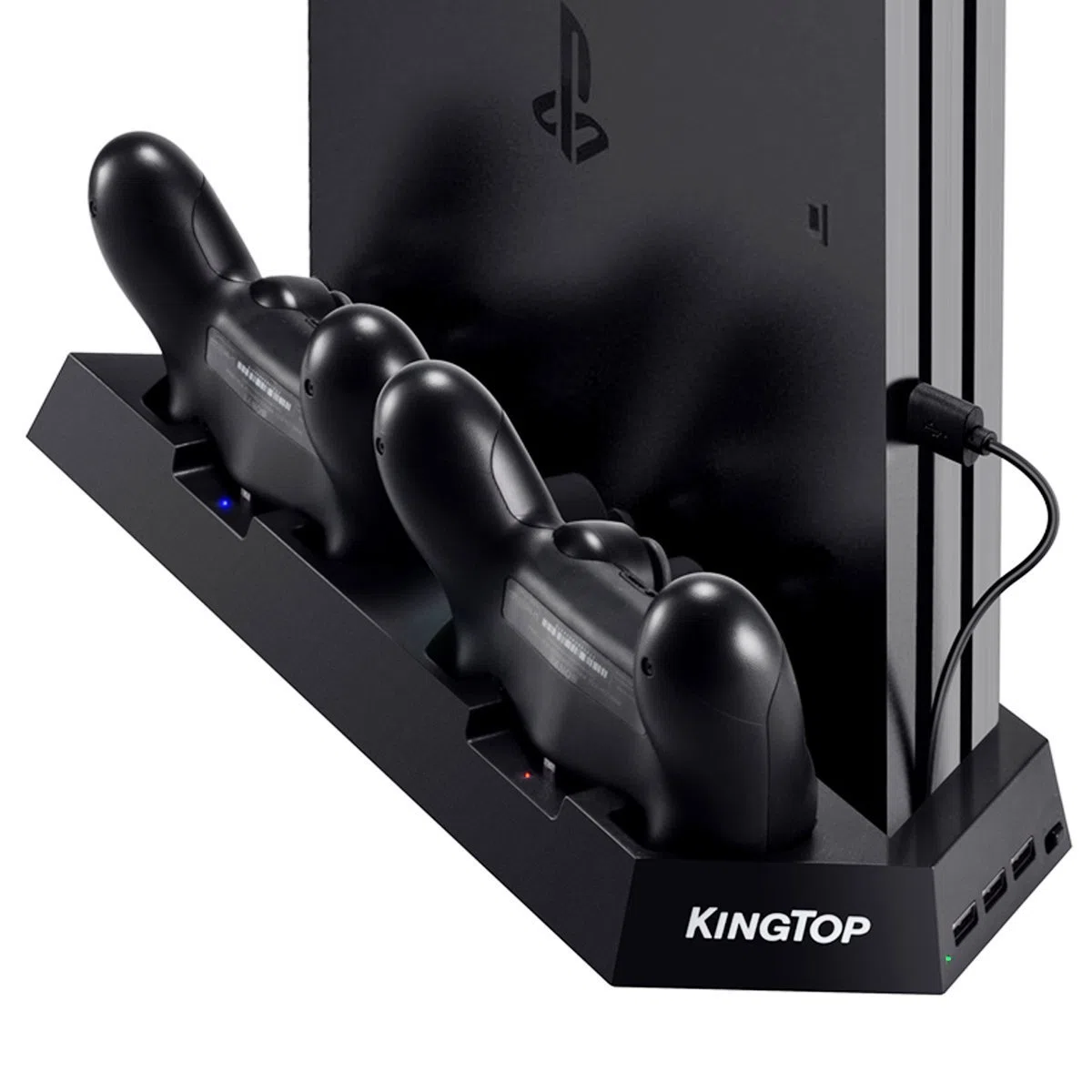 KingTop Supporto Verticale con Ventola di Raffreddamento, Stazione di Ricarica USB All-in-One per Doppia Controller PS4 con Indicatore LED
