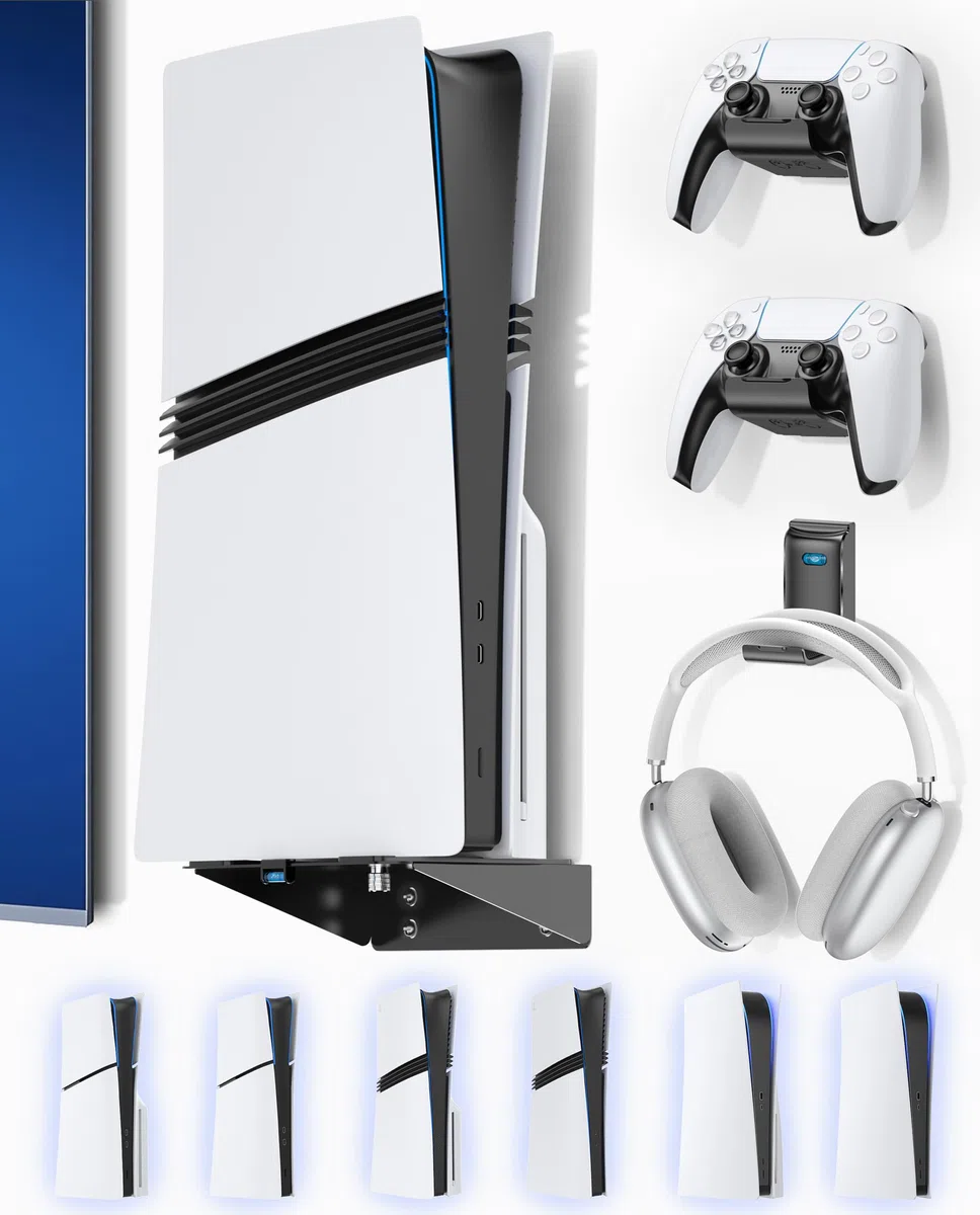 Kosker Supporto da Parete per PS5/ Slim/Pro, Mensola PS5 da Parete Verticale per Tutti Modelli PS5 con Support per Cuffie e Controller, Accessori Playstation 5 Supporto Flottante in Metallo