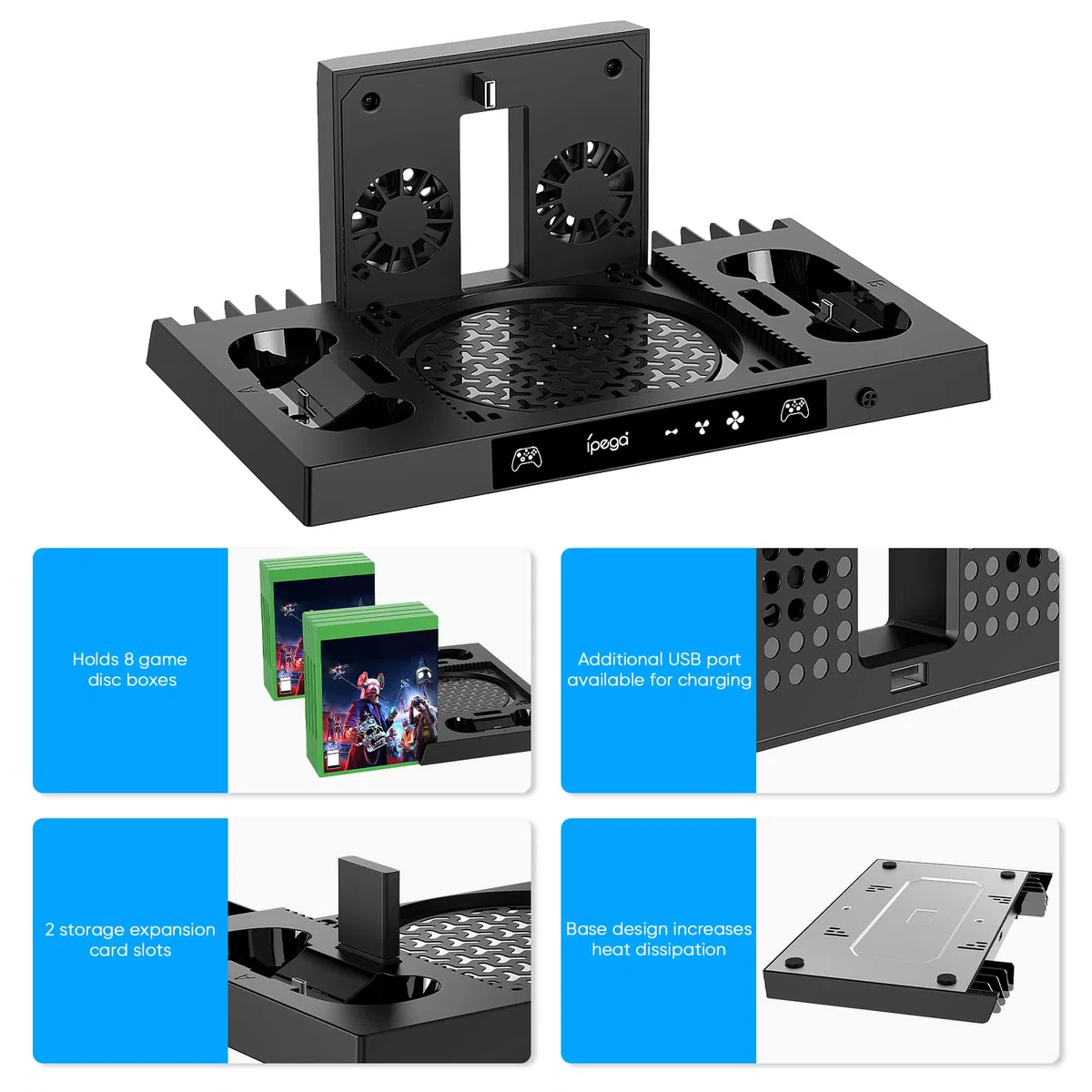 FYOUNG Supporto ventole per Xbox Serie X con supporto per cuffie, serie X sistema di raffreddamento con caricatore controller e supporto per cuffie