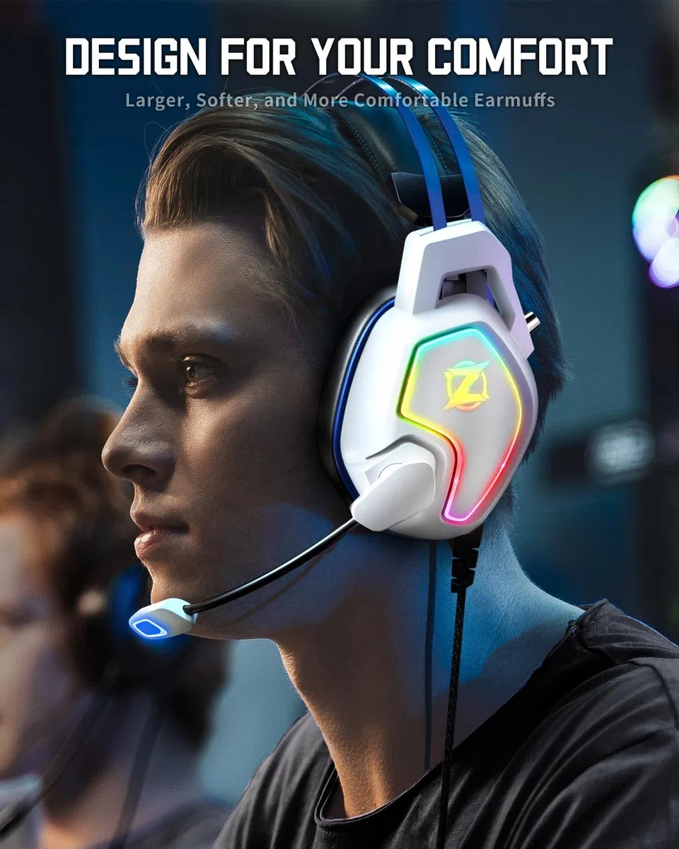 Ozeino Cuffie da gioco per PS4 PS5 PC Xbox One Switch, cuffie over-ear con suono surround, microfono con cancellazione del rumore, fascia a sospensione bianca