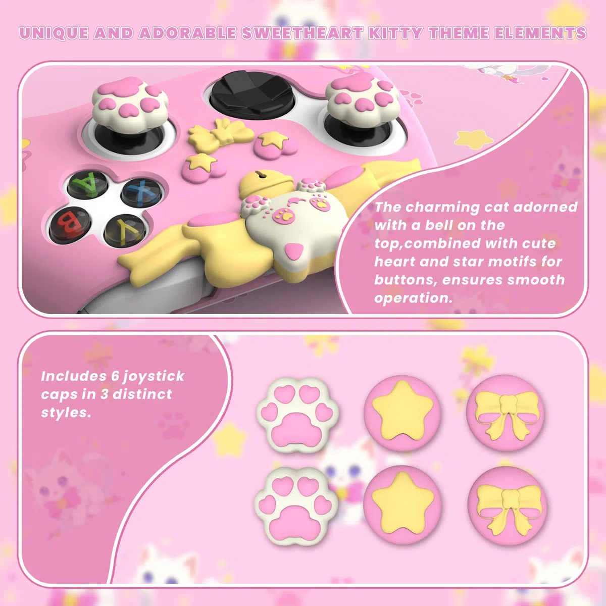 playvital Cover Silicone per Xbox Series X S Joystick,Custodia Controller Skin Antiscivolo Protettiva&6 Copri Levette Analogiche-Gattino Carino-Rosa