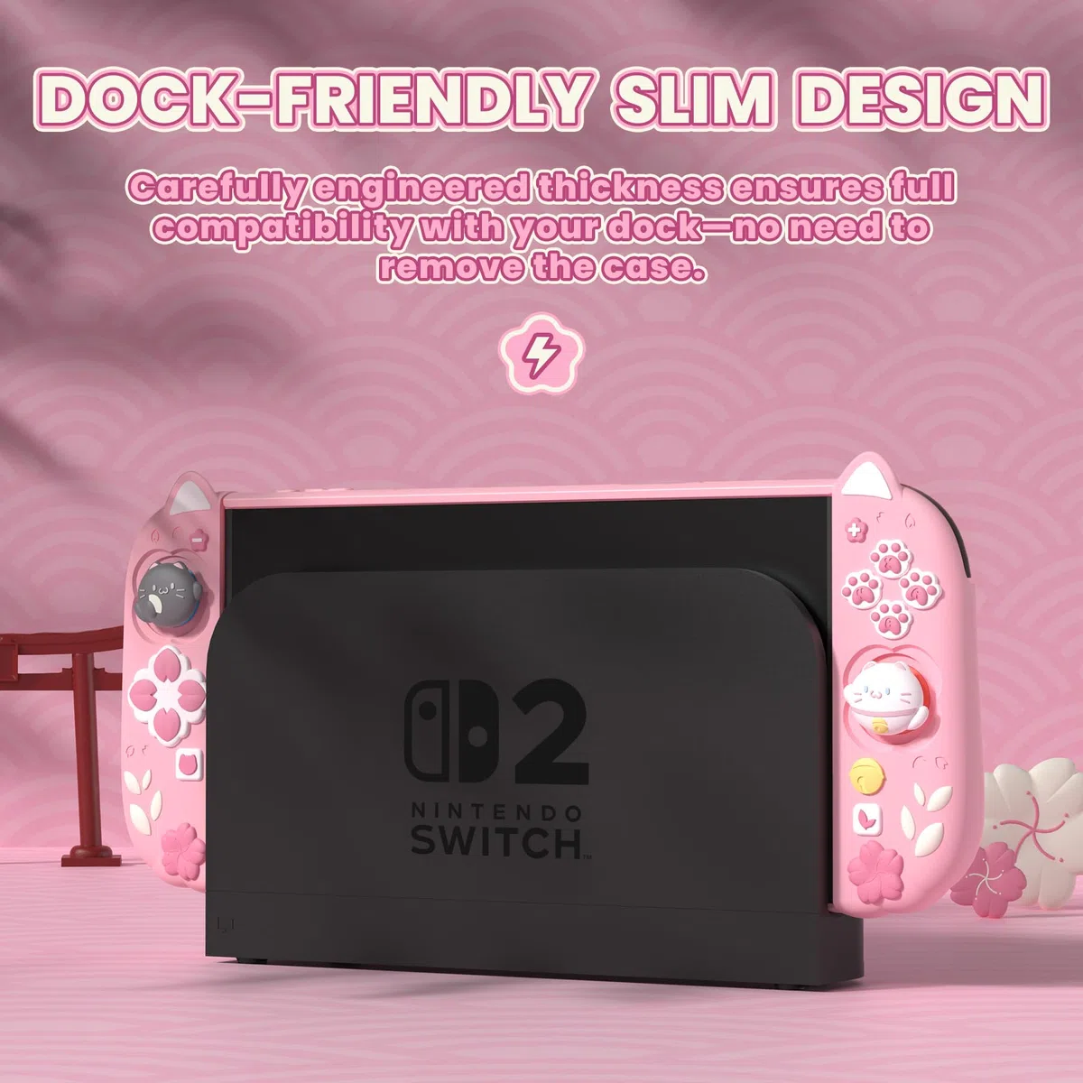playvital Cover Dockable per Nintendo Switch 2, Custodia Silicone per Joycon 2&Copertura Console Protettiva Rigida&Supporto Regolabile Extra&Copri Analogici Carini, Gattino di Fiori-Rosa