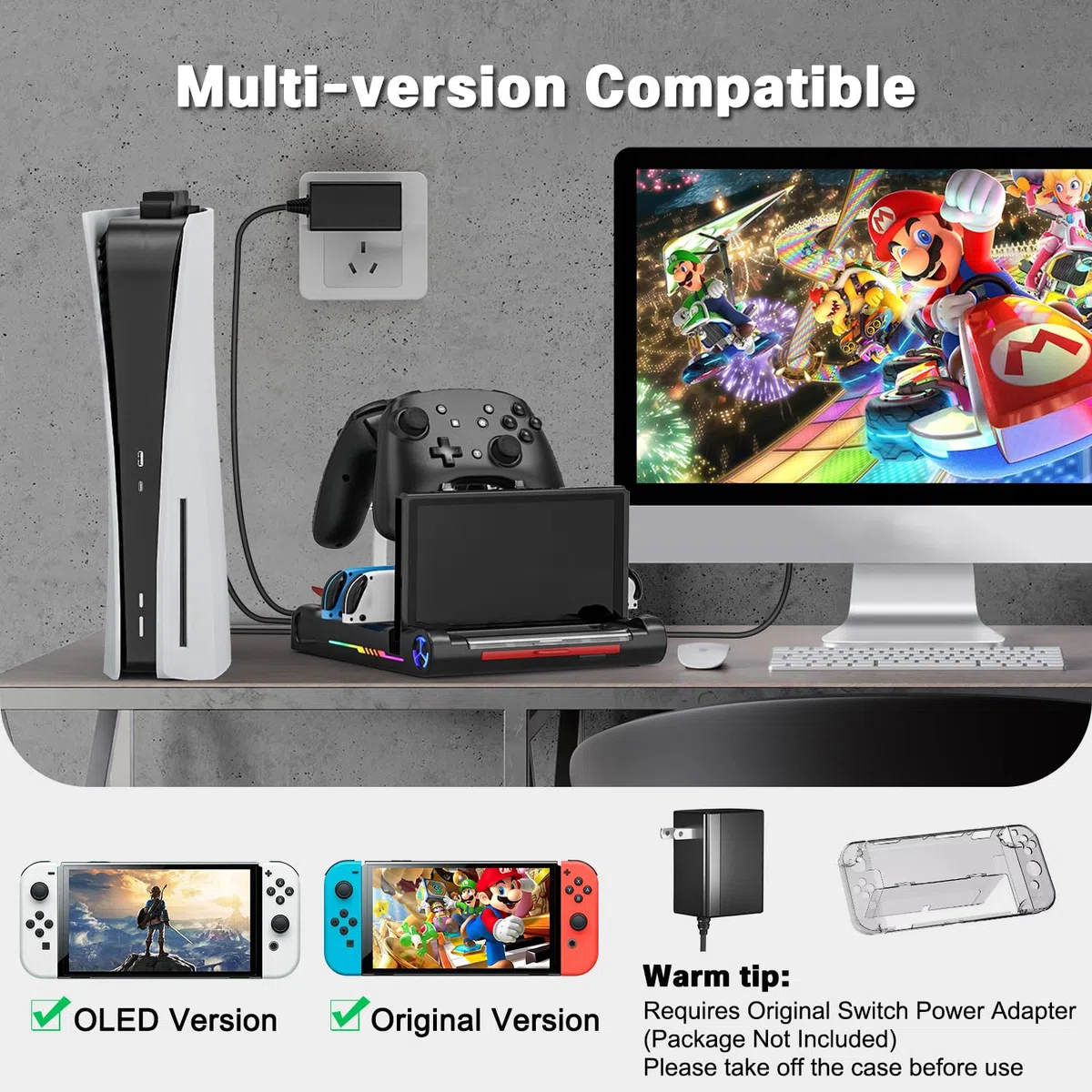 Dock Switch 4K Super Proiezione, Base di Carica Multifunzione, 8 Posti Giochi, 3 USB 3.0/Type-C, Supporto 4 Joy-Con/Pro Grips, RGB, Protegge la Vista Bambini