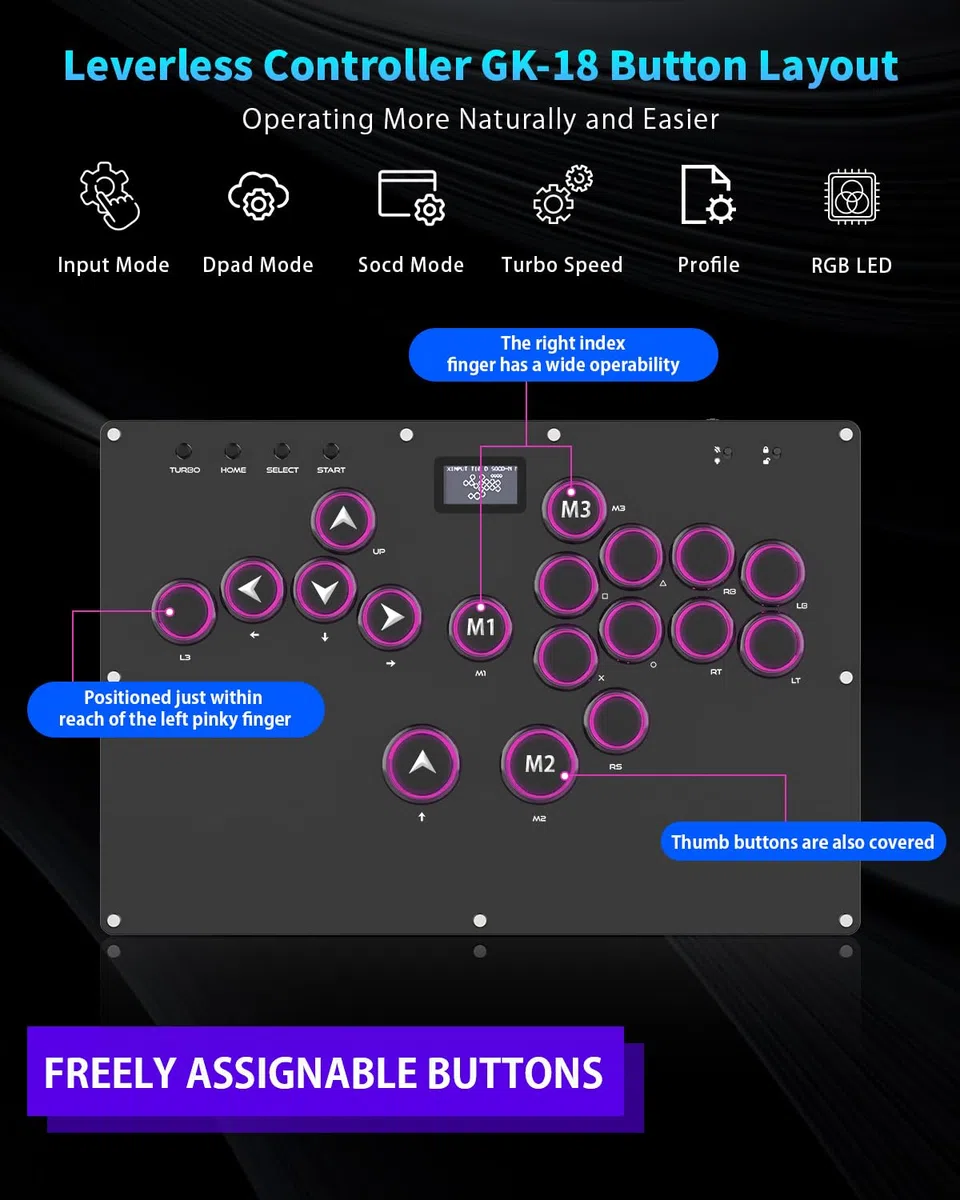 GuileKeys Arcade Stick GK-18 Controller Arcade Tutti i Pulsanti con Turbo e RGB personalizzato, Tastiera di Gioco Arcade Fight Stick per PC/Switch/PS4/PS3, Supporto Hot Swap e SOCD