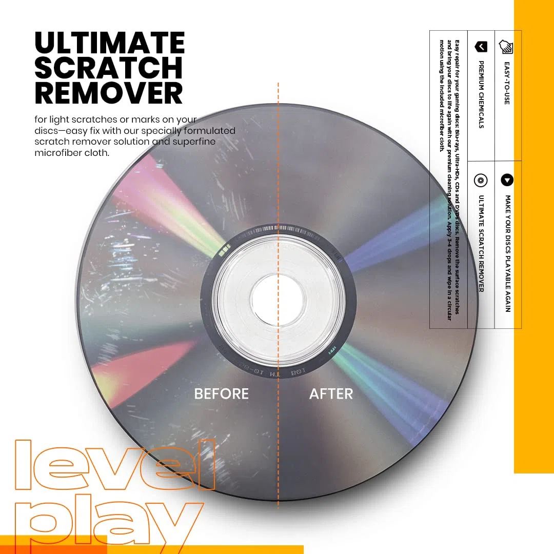Levelplay Kit di Rimozione Graffi per Dischi - Ripara e Lucida Danni Superficiali di CD, DVD e Blu-ray, Aiuto per Salti Audio/Video e/o Blocchi Gioco, Panno in Microfibra Incluso - Flacone Da 50 ml