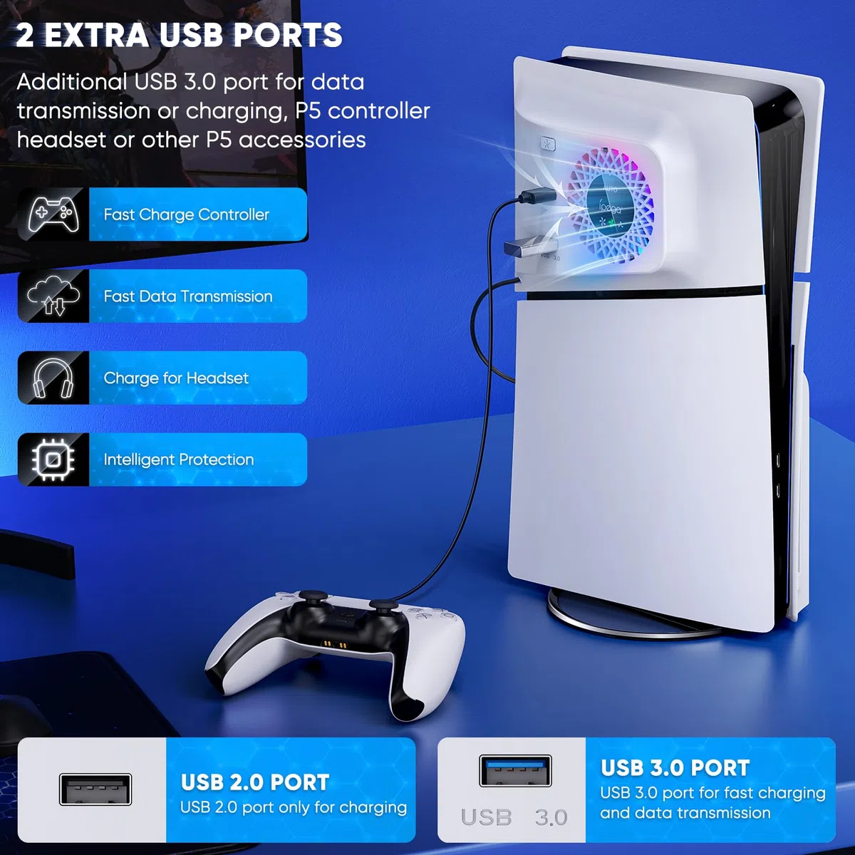 FASTSNAIL Ventola di raffreddamento RGB con piastra di copertura per PS5 Slim, velocità automatica regolabile tramite sensori di temperatura, 3 velocità manuale e hub USB
