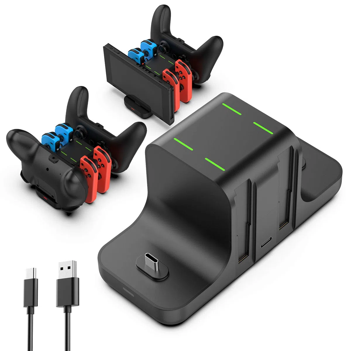 Caricabatterie Compatibile per Joy-Con, GeeRic 6 in 1 LED Caricatore Compatibile per Switch Controller Pro 4 Slot di Ricarica Type-C Portabile Doppia Stazione Adattatore Caricatore per Nintendo Switch