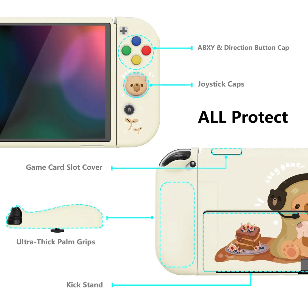 playvital Cover Custodia per Nintendo Switch OLED,Copertura Morbida TPU Protezione per Joycon Console con Copri Analogici/Tasti (ZealProtect) - Orso Giocatore