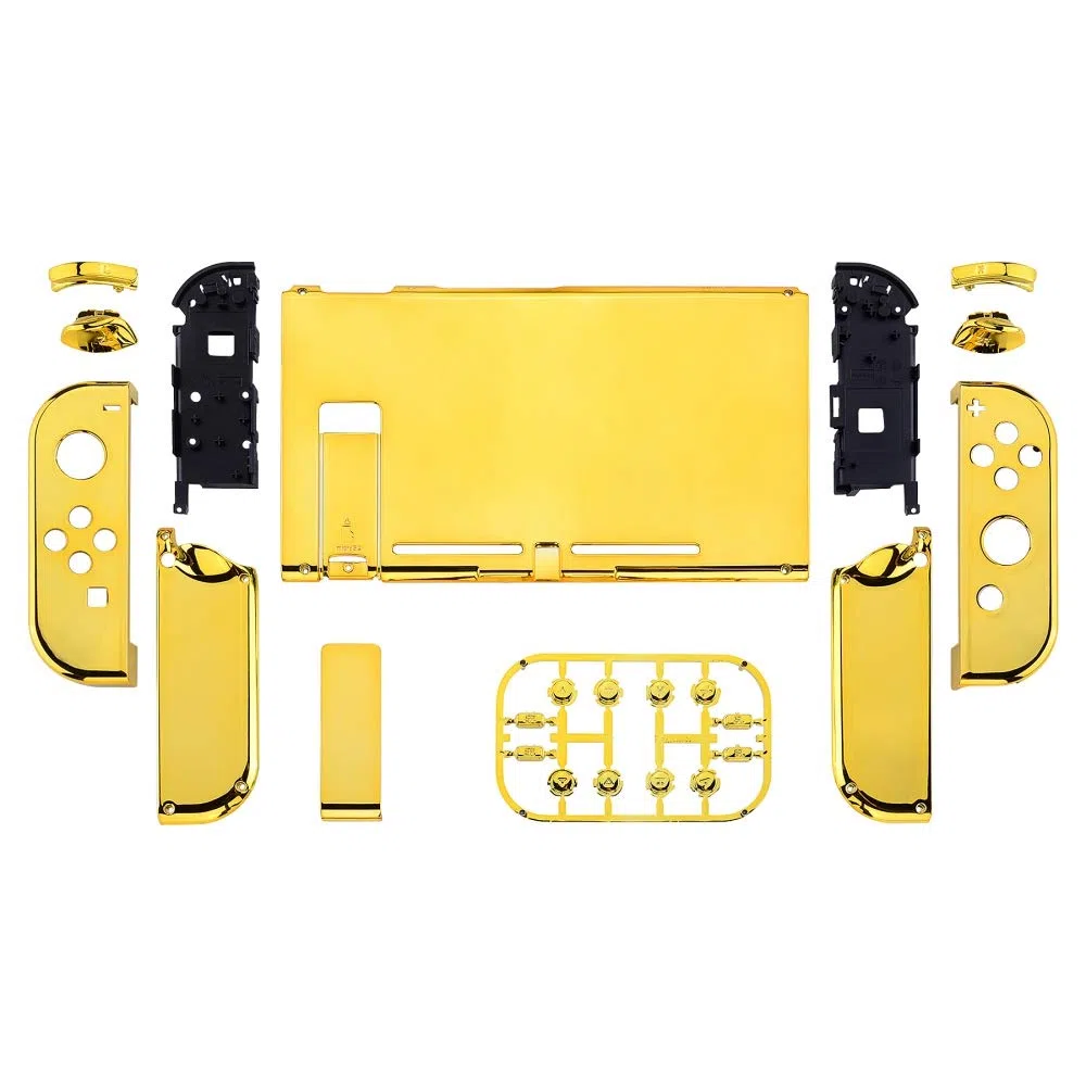 eXtremeRate Cover Pulsanti Tasti Kit Ricambio per Nintendo Switch Joycon Console,Cover Custodia Guscio Scocca Shell DIY Ricambio per Nintendo Switch(Senza Console/Joycon)-Oro Cromo