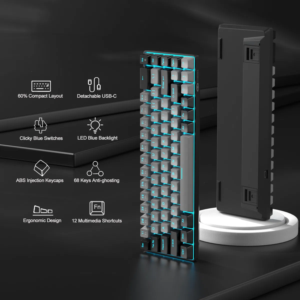 MageGee Tastiera Meccanica Gaming | MK-Box Tastiera Gaming 60% Meccanica | USB, Anti-ghosting, Tastiera Retroilluminata LED RGB (Nera) (Grigia)