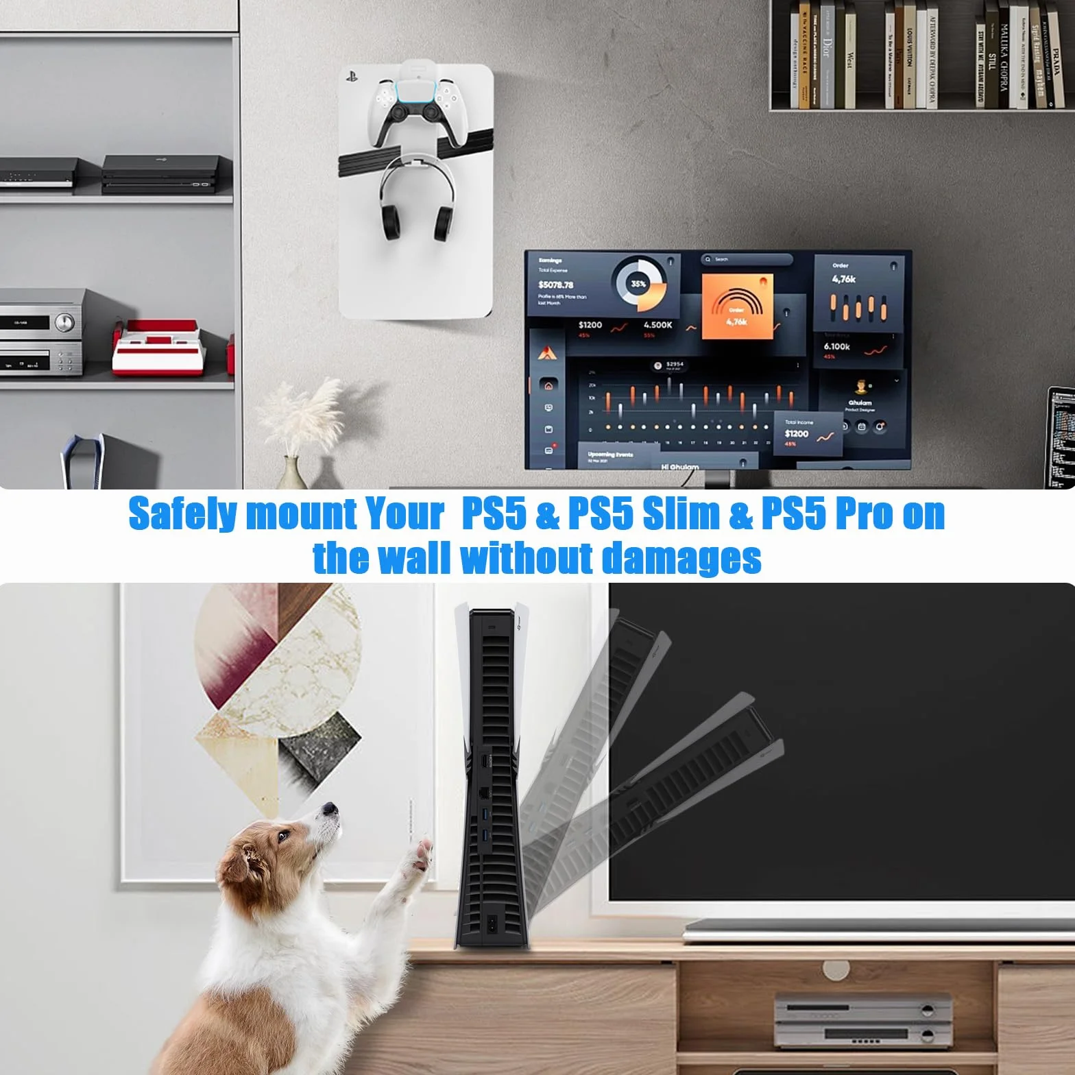 Supporto da parete per PS5 Slim, staffa da parete per PlayStation 5 Slim Staffa per montaggio a parete per PlayStation 5 Slim in acciaio robusto con Supporto per cuffie del controller (Bianco)