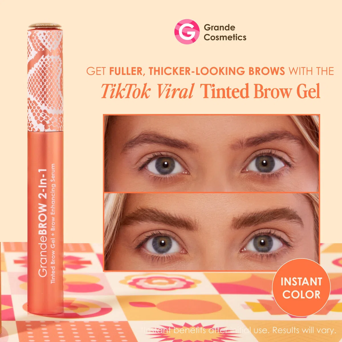 Grande Cosmetics GrandeBROW 2-in-1 Brow Gel Colorato per Sopracciglia + Siero Potenziante - Colore e Volume Immediati - Sopracciglia Visibilmente Più Spesse - Tono Medio