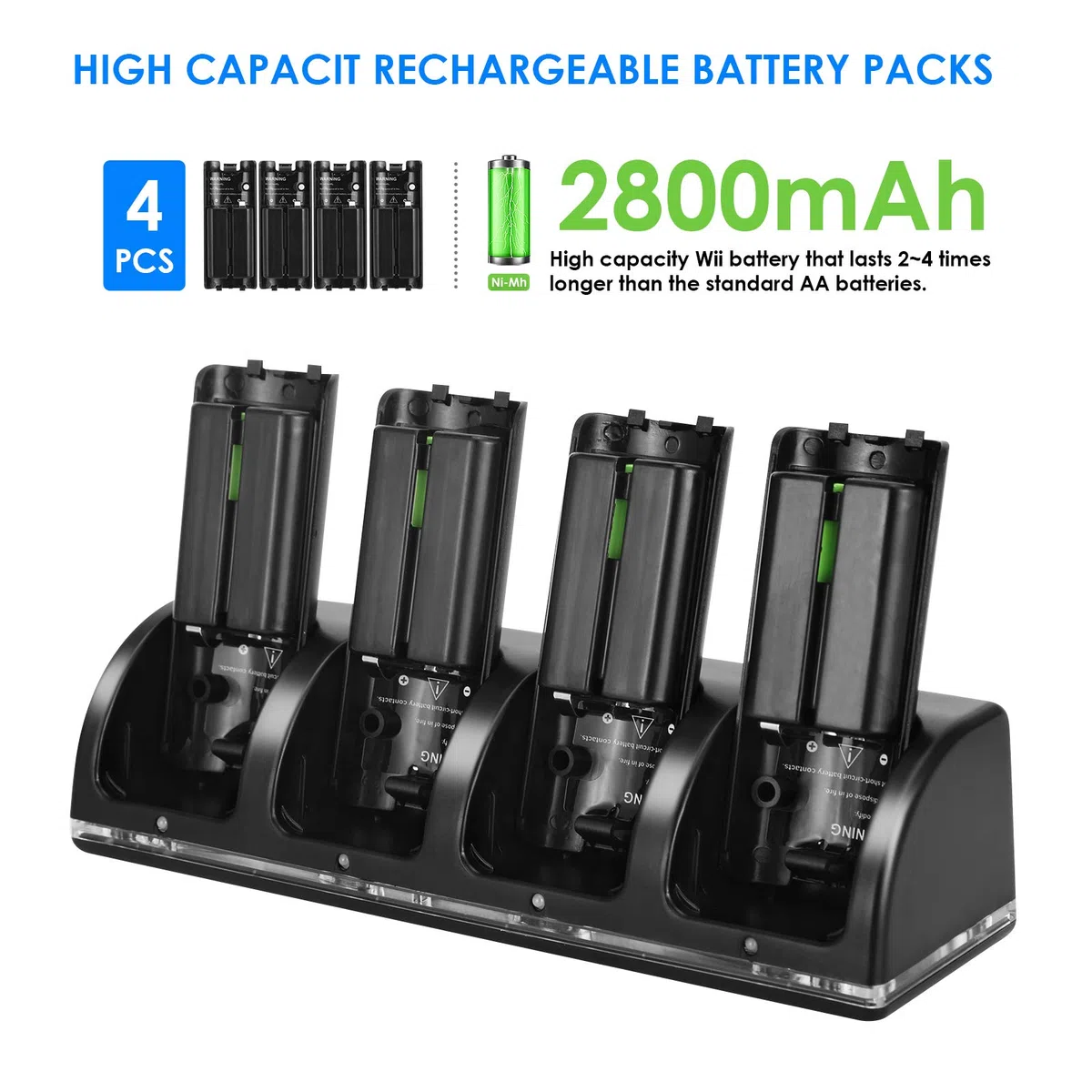 SANON Stazione di Ricarica per Controller Wii, 4 Dock di Ricarica Dock Station per Caricatore Remoto Wii con 4 Batterie Ricaricabili da 2800mAh & indicatori LED, Nero