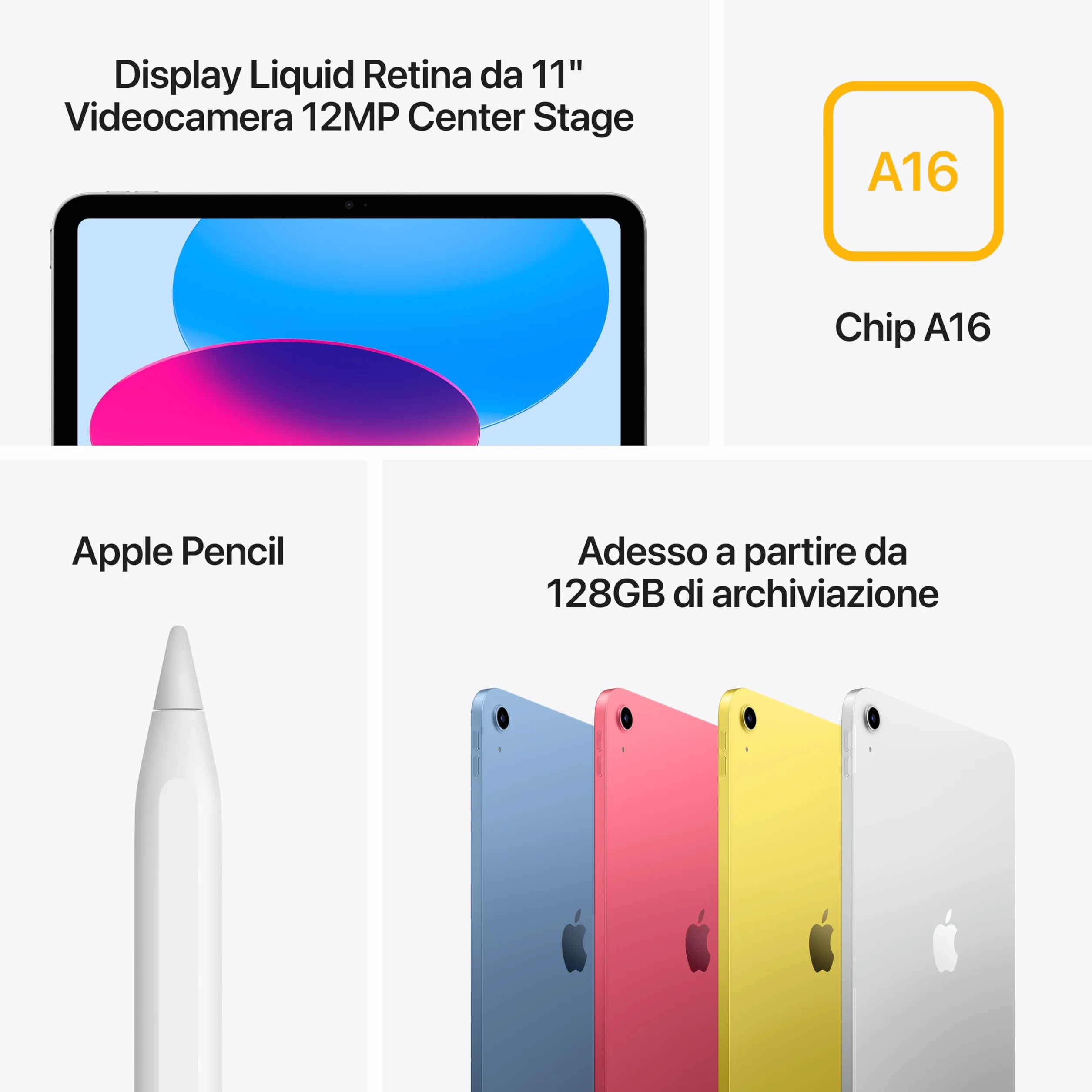 Apple iPad con chip A16: display Liquid Retina da 11'', 128 GB, Wi Fi 6, fotocamera frontale e posteriore da 12MP, Touch ID, autonomia di un giorno intero di batteria — Argento