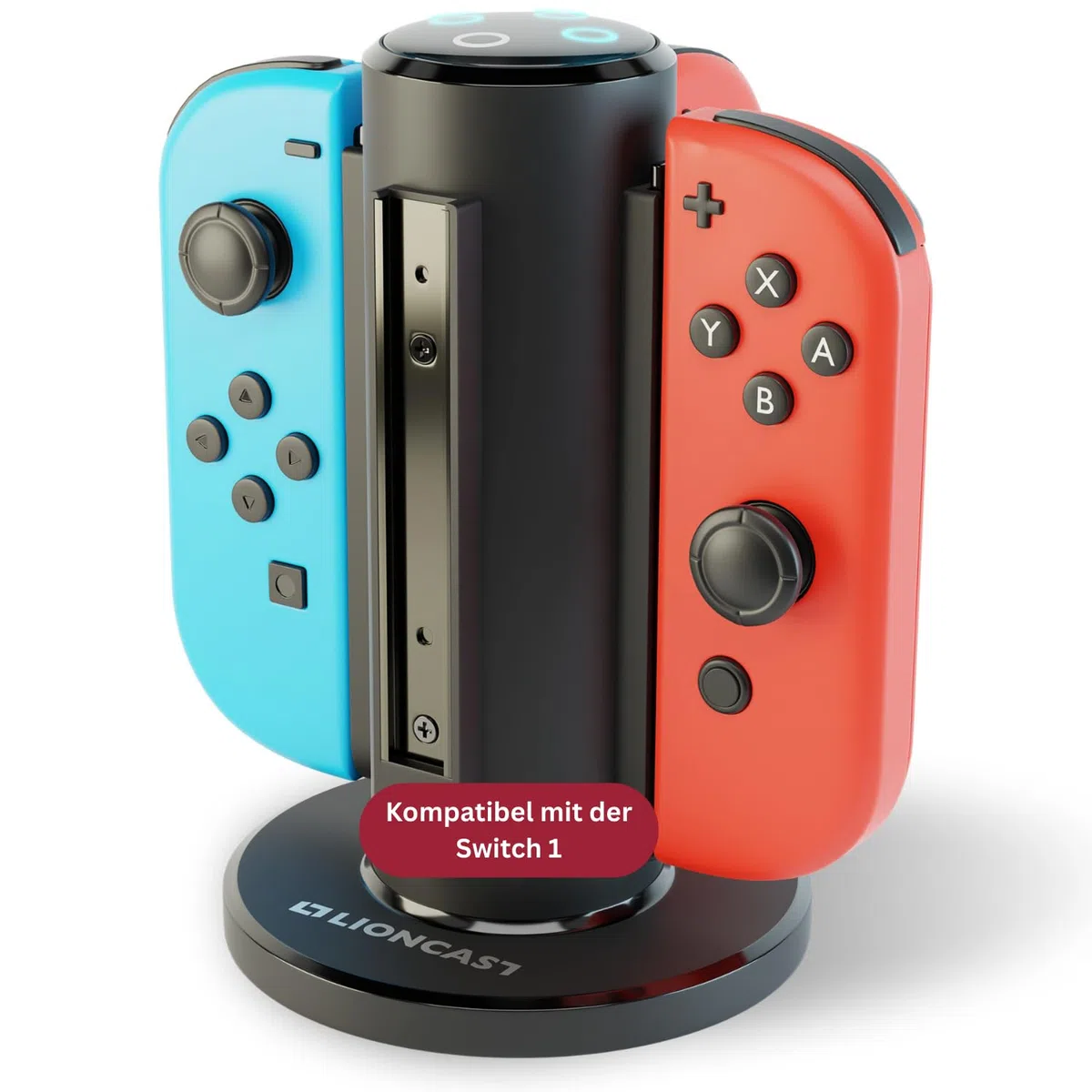 Lioncast Base de Carga para Joy-Con - Dock de Carga para 4 Mandos - Compatible con los Controles de Nintendo Switch - Luces Indicadoras de Estado de Carga, Fondo Fuerte - Accesorios de Juego