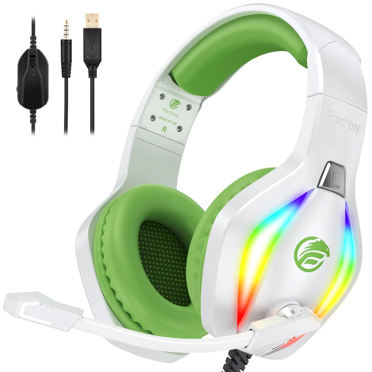 Fachixy FC100 Cuffie Gaming per PS4, PS5, PC, Xbox, Nintendo Switch, con Luce RGB, con Microfono, Audio Stereo, con Cancellazione Del Rumore con filo - BIANCO VERDE