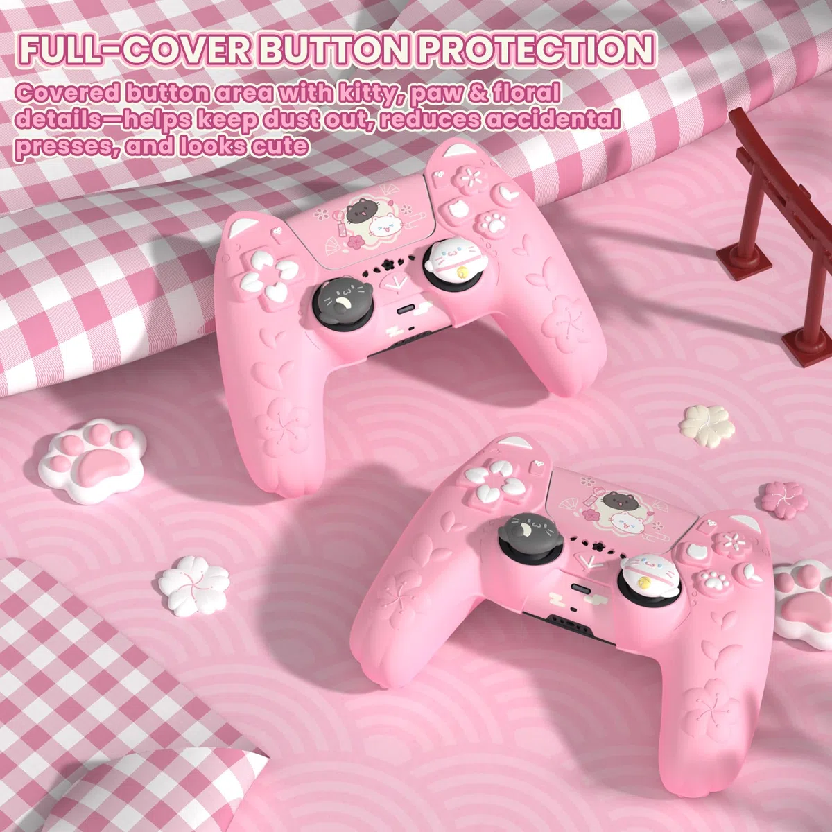 PlayVital Cover Controller per ps5 Joystick Custodia Silicone Grip Antiscivolo con Copri Analogici e Adesivi, Accessori Protettivi Carini, Adatto per ps5 Base di Ricarica, Gattino di Fiori-Rosa