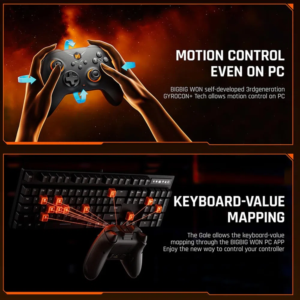 BIGBIG WON Controller senza fili Gale Hall PC Controllers Motion Aiming, Hall Trigger, 4 pulsanti personalizzati, App Control Game Controller per PC/Switch/iOS/Android con Dock di ricarica (nero)