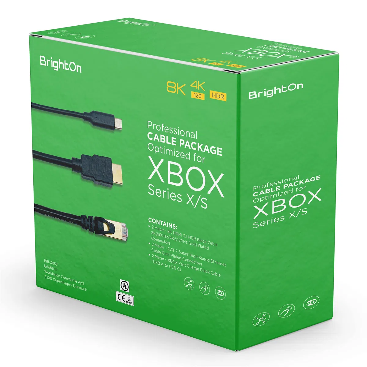 BrightOn Pacchetto cavo ottimizzato compatibile con XBOX Series X/S | Cavo 8K HDMI 2.1 HDR nero 8K @60Hz/4K @120Hz | Cavo Ethernet CAT 7 ad alta velocità | Ricarica rapida (USB A a USB C) Cavi da 2