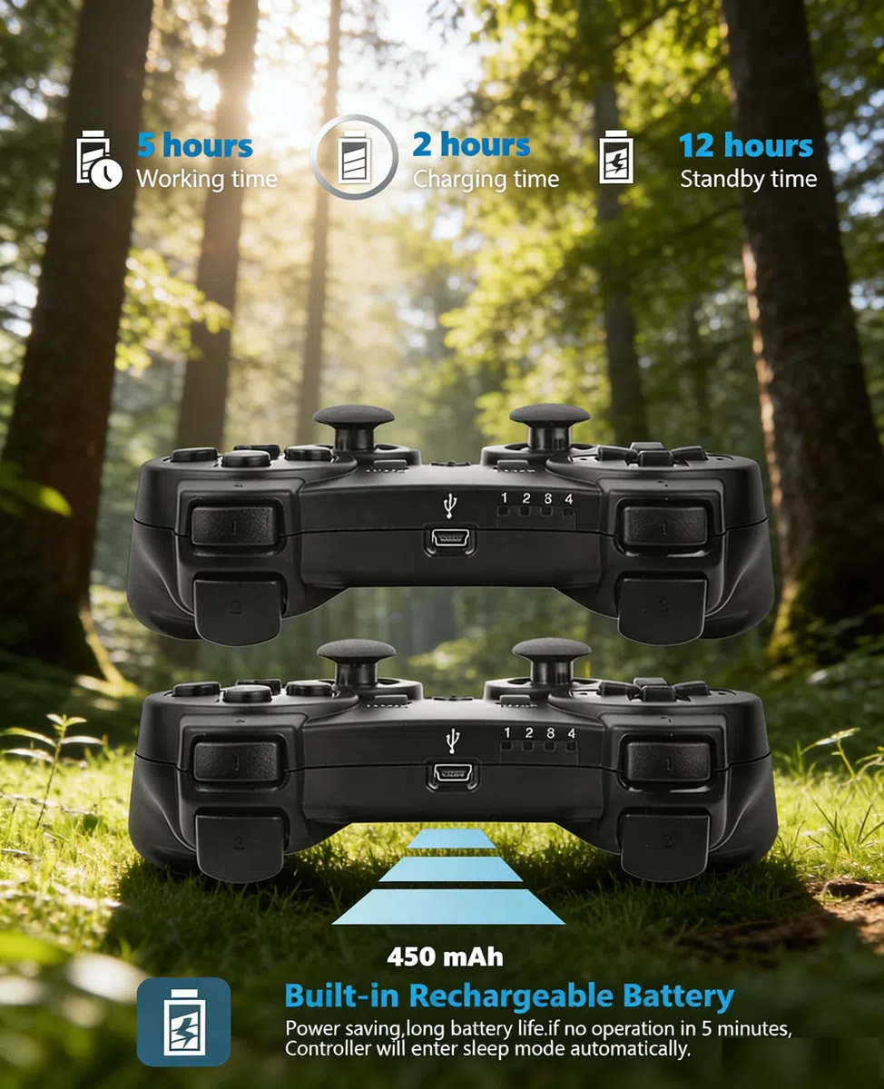 PS-3 Controller 2 Pack, Dual Shock 3 Wireless Gamepad Joystick for PlayStation 3, Compatible with PS-3 Console, Ergonomic Design, Rechargeable Battery, Vibration Feedback - 2 Controllers in Set