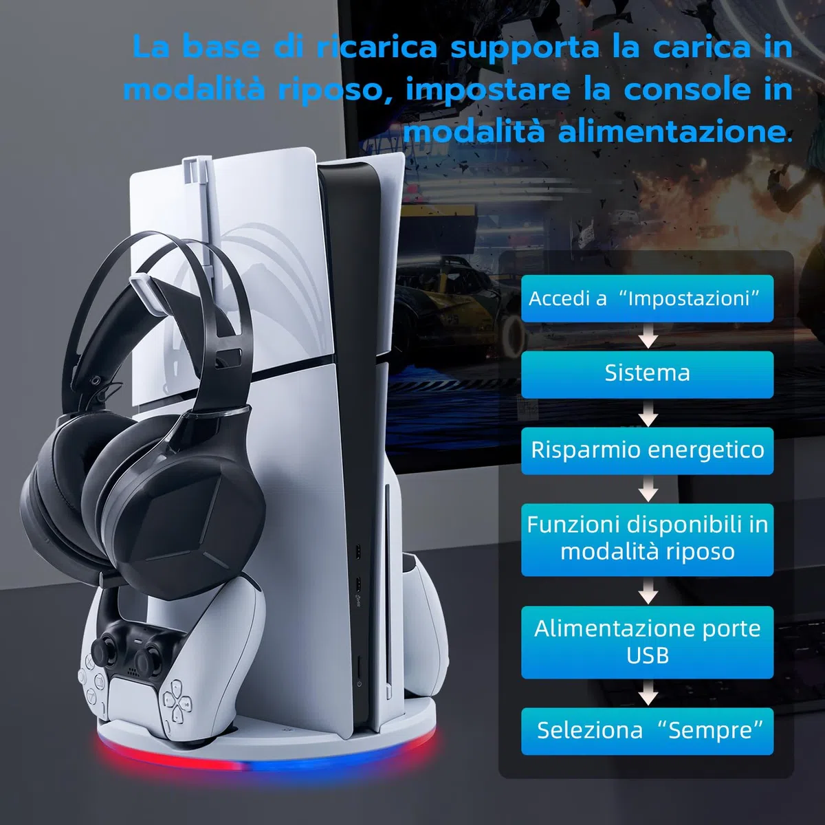 Wigearss Supporto Verticale PS5 Slim con Doppio Caricatore Controller, Base di Ricarica Joystick PS5 con Illuminazione RGB per PS5 Slim DE/UHD, Non per PS5/PS5 Pro