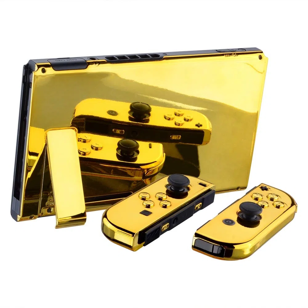 eXtremeRate Cover Pulsanti Tasti Kit Ricambio per Nintendo Switch Joycon Console,Cover Custodia Guscio Scocca Shell DIY Ricambio per Nintendo Switch(Senza Console/Joycon)-Oro Cromo