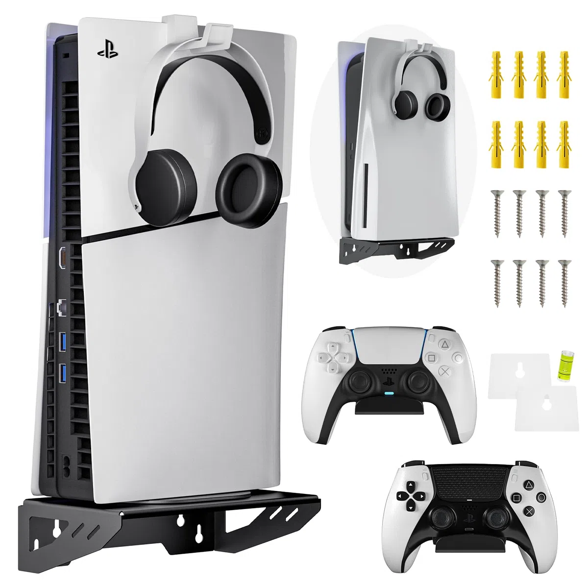 Supporto a parete PS5/PS5 Slim, Supporto da Parete per Playstation 5/PS5 Slim (Disco e edizione digitale) Acciaio Playstation 5 montaggio a parete con 2 supporto per controller Accessorio PS5