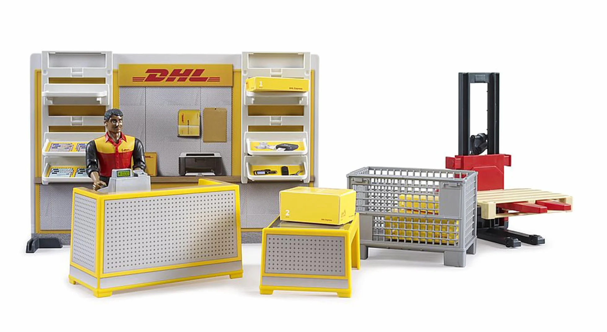 bruder 62251 - bworld Negozio di pacchi DHL con dipendenti DHL, servizio pacchi, logistica, spedizioni
