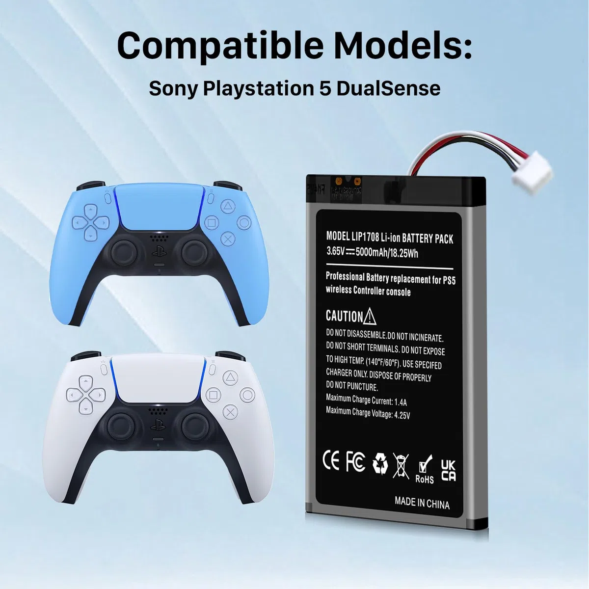1 batteria controller PS5 da 5000 mAh, aggiornamento ad alta capacità LIP1708 batteria di ricambio per controller wireless Sony PS5 PlayStation 5 DualSense CFI-ZCT1W con kit di attrezzi