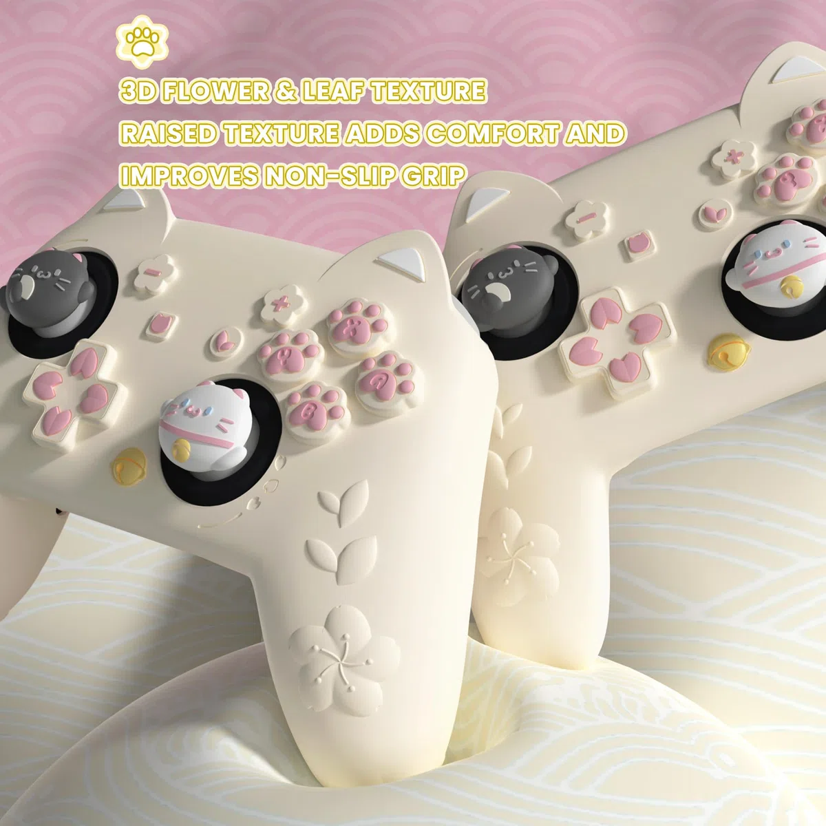 PlayVital Custodia in Silicone per Nintendo Switch 2 Pro Controller, Cover Protettiva con Copri Levette Analogiche, Tasti Posteriori e Adesivi, Accessori Carini, Gattino di Fiori-Giallo
