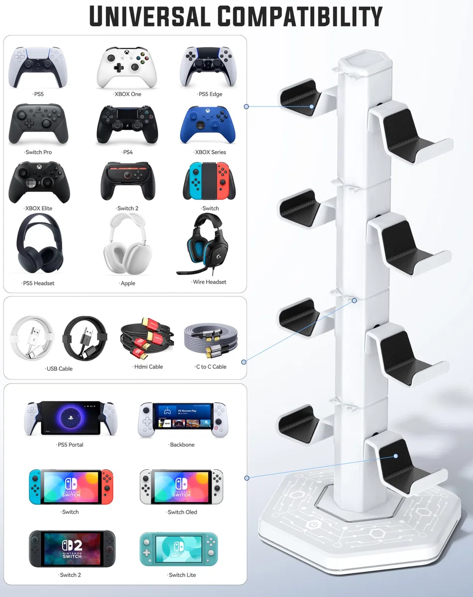 4 Tier Supporto per Controller RGB con 9 Modalità di Illuminazione, Supporto Cuffie Gaming con 2 Porte USB 3.0 e Organizer per Cavi, Stand per Cuffie, Bianco