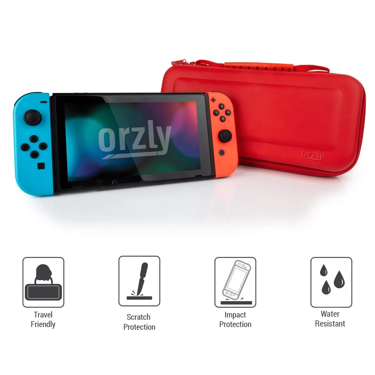 Orzly Custodia da trasporto compatibile con Nintendo Switch e New Switch Console OLED - rossa Custodia protettiva da viaggio portatile rigida Custodia a conchiglia con tasche per accessori e giochi
