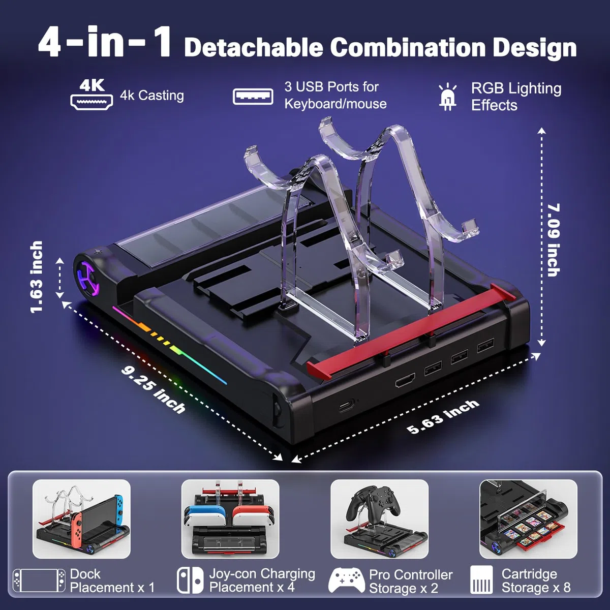Dock Switch 4K Super Proiezione, Base di Carica Multifunzione, 8 Posti Giochi, 3 USB 3.0/Type-C, Supporto 4 Joy-Con/Pro Grips, RGB, Protegge la Vista Bambini