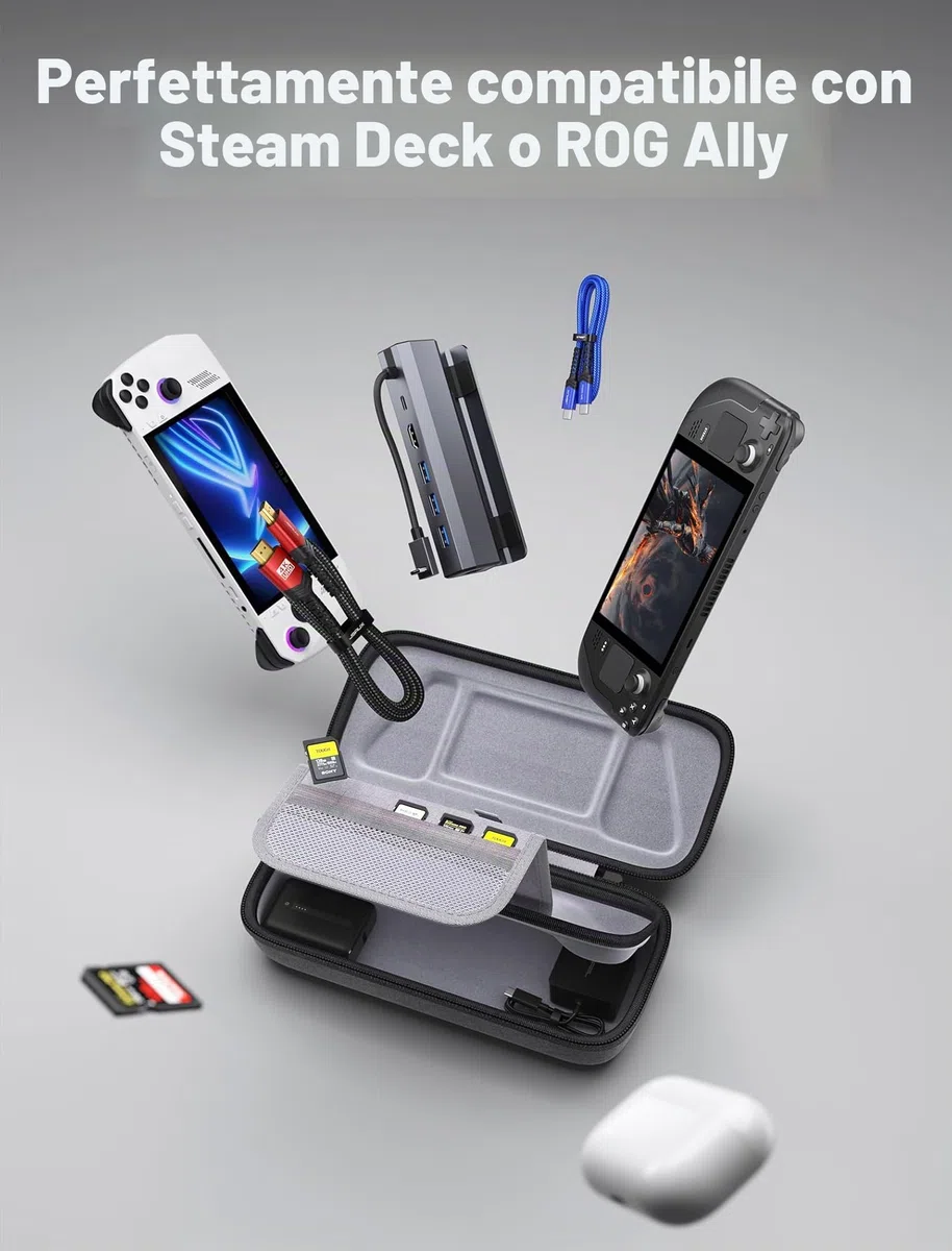 JSAUX Custodia per Steam Deck/ROG Ally/ROG Ally X, Custodia Protettiva a Guscio Rigido con Scomparti per Caricatore e Docking Station, Custodia da Viaggio Portatile per Console e Accessori-BG0106X