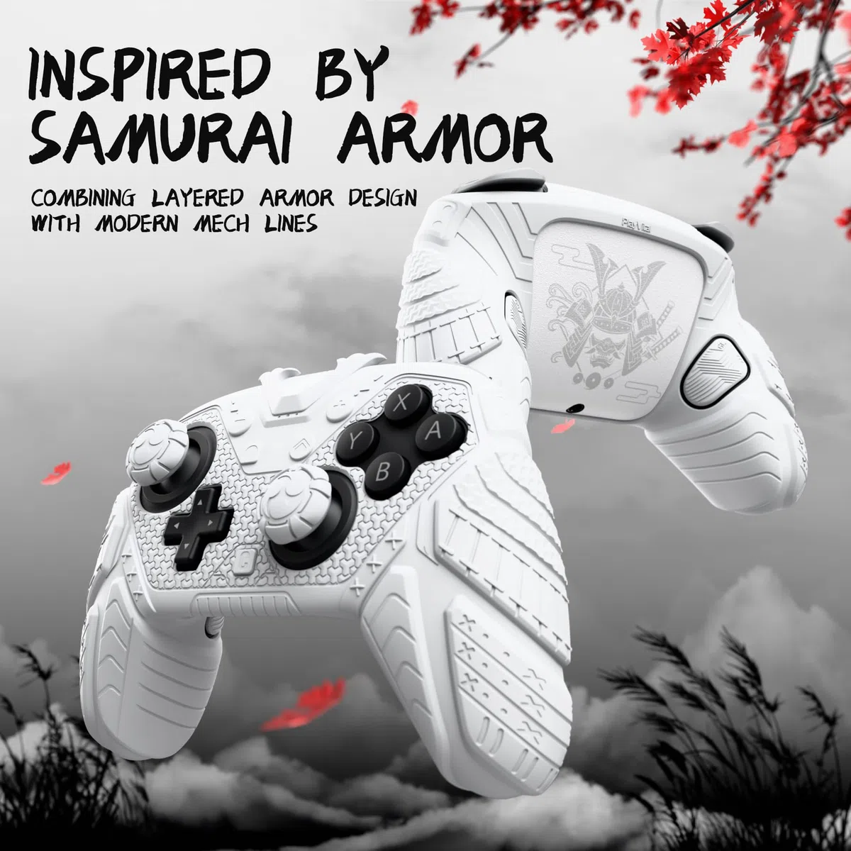 playvital Cover Controller per Nintendo Switch 2 PRO Joystick Custodia Silicone Grip Antiscivolo & Copri Analogici & Tasti Posteriori & Adesivi, Accessori per Switch 2 PRO, Samurai Armor-Bianco