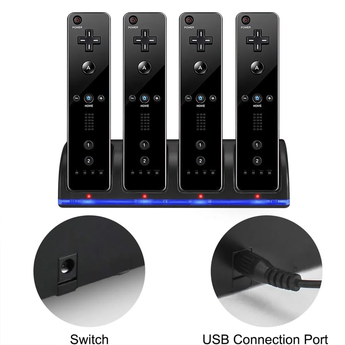 Stazione di Ricarica per Controller Wii, con 4 Batterie Ricaricabili da 2800 mAh e Indicatori a LED, Caricatore Wiimote per Wii Supporto di Ricarica per Telecomando Wii, Nero
