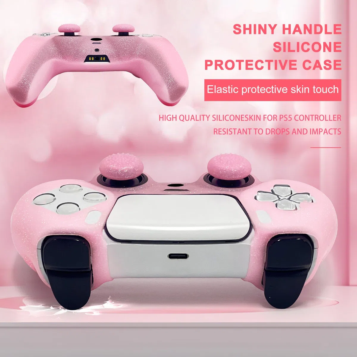 Cover protettiva in silicone antiscivolo rosa glitterata compatibile con controller PS5/Slim/Pro, 8 tappi per pollice glitterati e 2 tappi per impugnature.