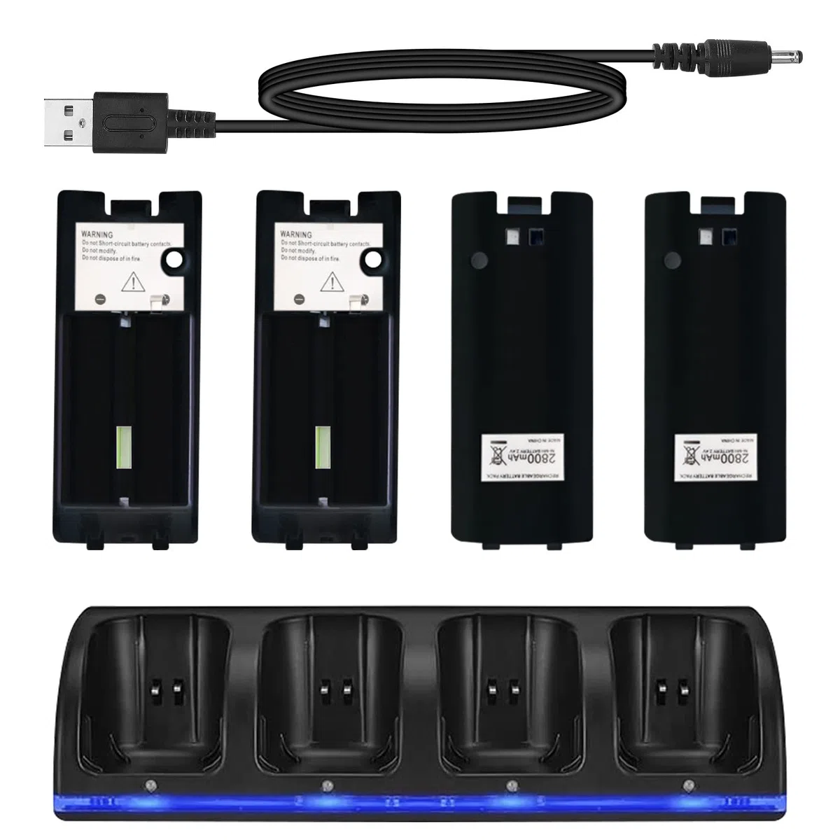 Stazione di Ricarica per Controller WII 4 in 1, Stazione Di Ricarica con 4 Batterie Ricaricabili Da 2800 Mah e Indicatori LED per Il Controller Wii (Nero)