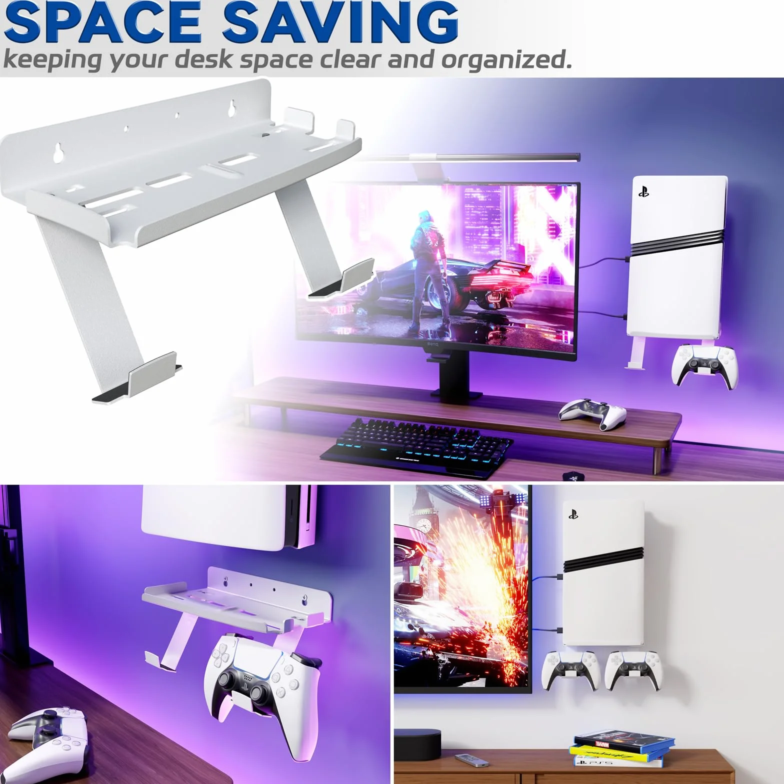 sciuU Supporto da Parete per PS5 Pro / PS5 Slim Console & Controller - Staffa da Muro in Acciaio da 2mm compatibile con PlayStation 5 Pro/Slim Disco/Digitale Edizione + 2 Porta Controller PS5 /Edge