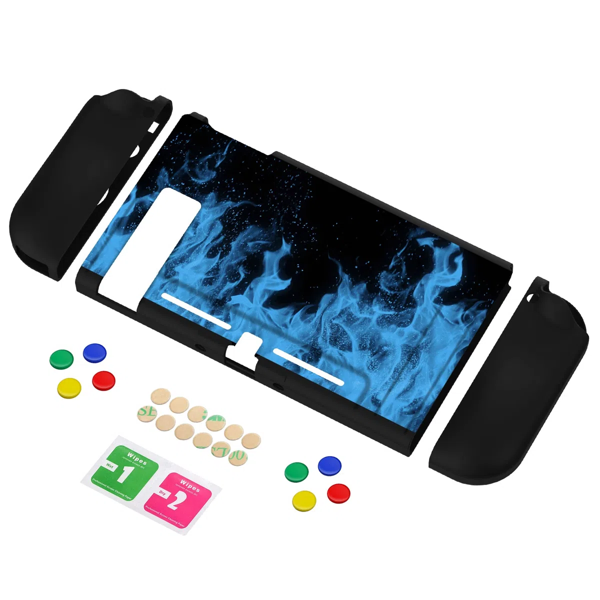 PlayVital Cover Protettiva Custodia per Nintendo Switch Copertura Morbida TPU Case per Joycon Console con Copri Tasti ABXY Direzionali Colorati-Fiamma Blu
