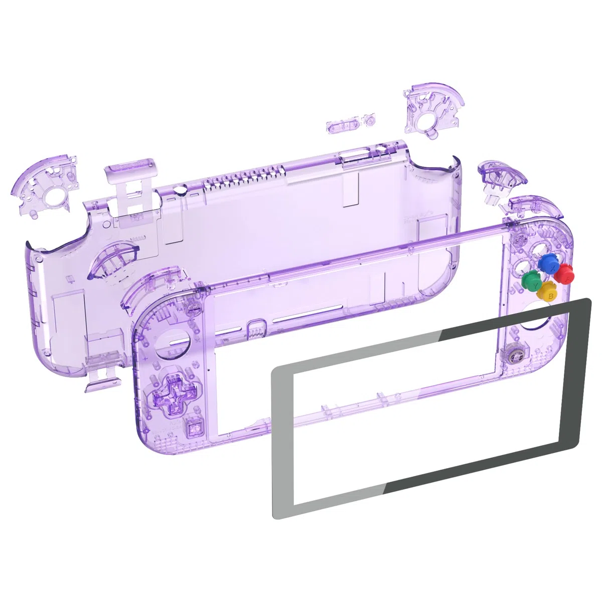 eXtremeRate Custodia Cover Scocca Pulsanti Tasti ABXY DIY Ricambio per Nintendo Switch Lite con Protezione Schermo Pellicola Vetro Temperato(Non Include Console)-Trasparente Viola Atomico