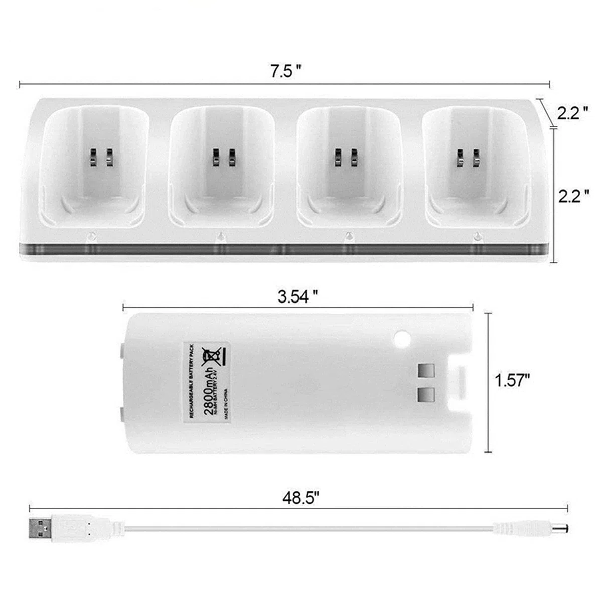 CICMOD Stazione di Ricarica 4 Batterie Ricaricabili per Nintendo Wii Telecomando capacità 2800 mAh Bianco