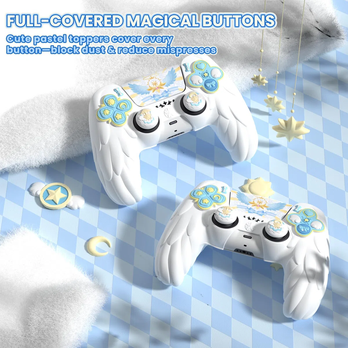 playvital Cover Controller per ps5 Joystick Custodia Silicone Skin Protettivo Grip Antiscivolo & Copri Analogici & Adesivi Carini, Adatto per ps5 Base di Ricarica, Ali Magiche-Bianco