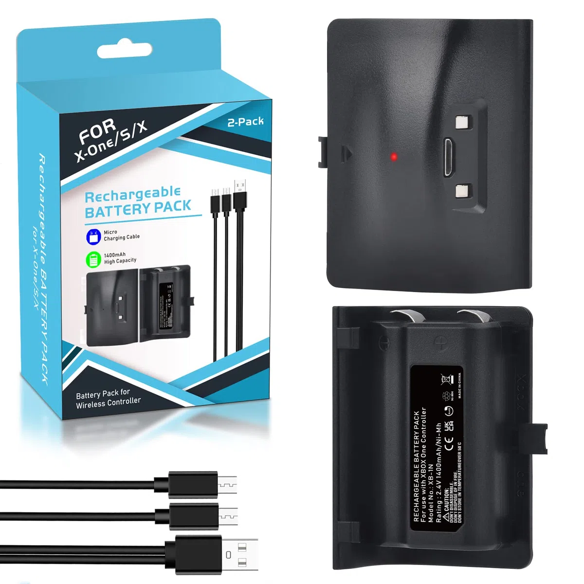 Xbox-One Batteria ricaricabile da 1400 mAh, con cavo di ricarica micro USB, per Xbox-One Controller 2 Pack Batteria