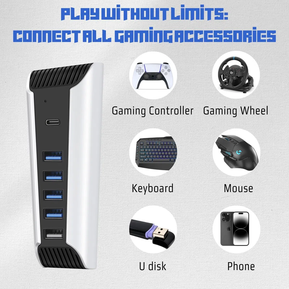 TNP Hub USB per console PS5 – Extender porta USB ad alta velocità per accessori PS5 con 4 x USB 2.0, 1 x USB 3.1 e 1 x porta di ricarica, adattatore di espansione USB per console Playstation UHD e