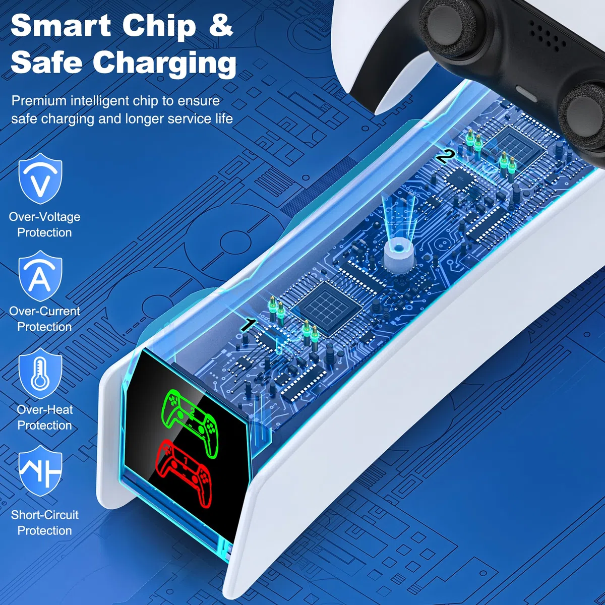 GAMSINGY Base Ricarica PS5, Caricatore Controller PS5 con Ricarica Rapida Di 2 Ore/Luce RGB/Indicatore LED, Caricatore Joystick PS5 per Controller Dualsense Wireless/Edge
