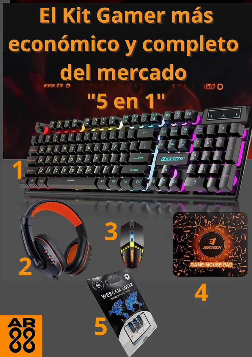 -Combo Gaming 5 in 1-Kit Completo per Giocatori-Include Tastiera meccanica retroilluminazione RGB-Mouse ergonomico ottico 4000 DPI-Cuffie audio stereo microfono-Copri webcam-Perfetto per principianti-