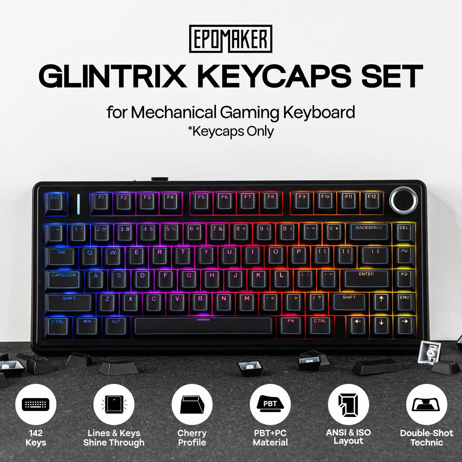 EPOMAKER Glintrix PBT Shine Through Keycap, Arris & Keys Retroilluminato, Double Shot, Cherry Profile, 60/75/96/Full Size, set di Tasti per Tastiera Meccanica da Gioco (Nero)