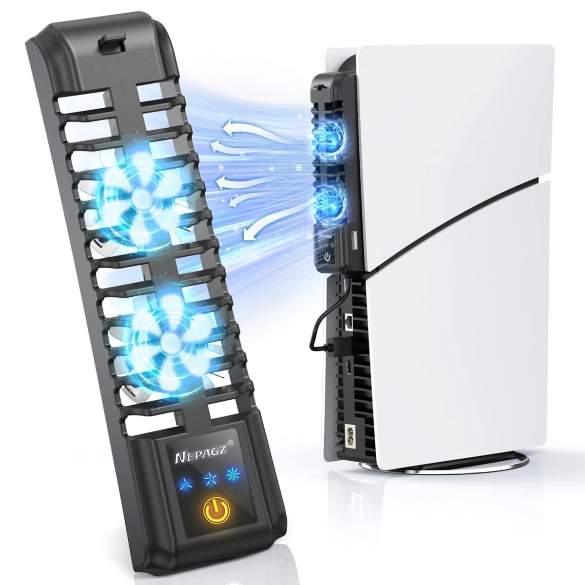 Ventola di raffreddamento per console PS5 Slim (digitale/disco), ventola di raffreddamento silenziosa aggiornata con 3 ventole regolabili, raffreddamento PS5 con touch screen e hub USB extra,