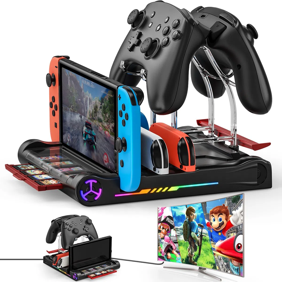 Dock Switch 4K Super Proiezione, Base di Carica Multifunzione, 8 Posti Giochi, 3 USB 3.0/Type-C, Supporto 4 Joy-Con/Pro Grips, RGB, Protegge la Vista Bambini